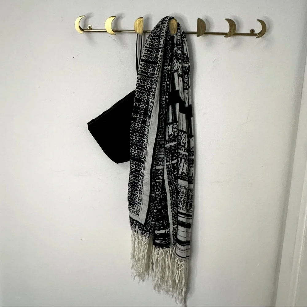 Black White Geometric Boho Oversized Fringe Scarf Wrap 45x50